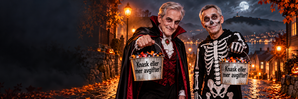 Jonas Gahr Støre som vampyr og Jens Stoltenberg i skjelettkostyme, med bøtter med teksten «Knask eller mer avgifter?»