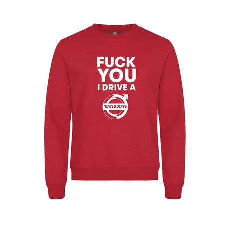 Fuck You I Drive A Volvo HVIT Genser – Rød – foran