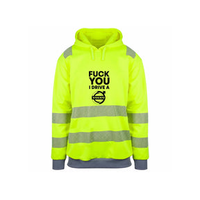 Fuck You I Drive A Volvo HVIT Reflekshoodie – Safety Gul – foran